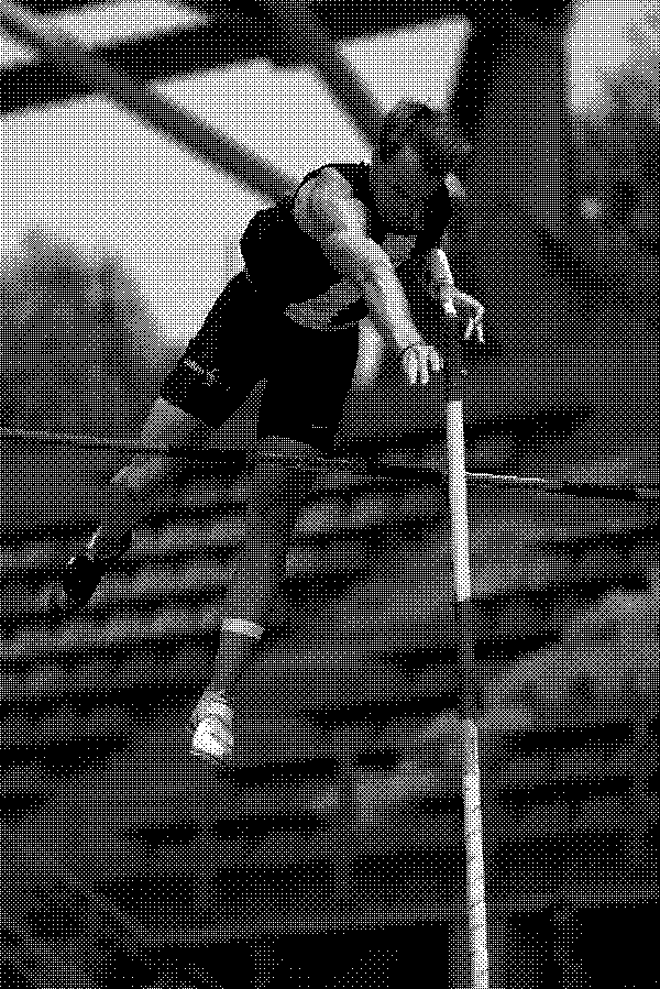 © Marie-Lan Nguyen/Wikimedia Commons Image of pole vaulter in greyscale, made grainy by dithering