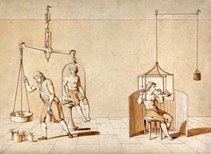CC BY 4.0 <https://creativecommons.org/licenses/by/4.0>, via Wikimedia Commons A man being weighed on a huge set of scales, and a man with his head in a glass container; showing Lavoisier's experiments with respiration. Brown pen and wash drawing.