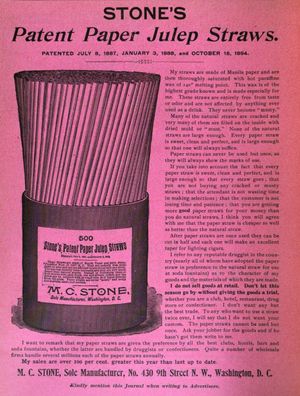 M.C. Stone (Life time: May 17, 1899), Public domain, via Wikimedia Commons Old-timey advertisement for paper julep straws